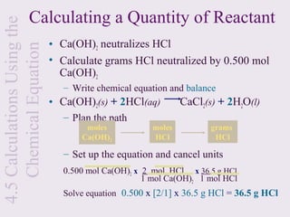Calculating a Quantity of Reactant
4.5 Calculations Using the
                             • Ca(OH)2 neutralizes HCl
    Chemical Equation
                             • Calculate grams HCl neutralized by 0.500 mol
                               Ca(OH)2
                               – Write chemical equation and balance
                             • Ca(OH)2(s) + 2HCl(aq)       CaCl2(s) + 2H2O(l)
                                – Plan the path
                                     moles            moles          grams
                                    Ca(OH)2           HCl             HCl

                                – Set up the equation and cancel units
                                0.500 mol Ca(OH)2 x 2 mol HCl x 36.5 g HCl
                                                    1 mol Ca(OH)2 1 mol HCl
                                Solve equation 0.500 x [2/1] x 36.5 g HCl = 36.5 g HCl
 
