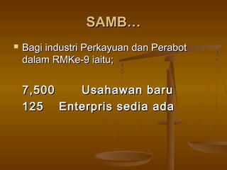 SAMB…
   Bagi industri Perkayuan dan Perabot
    dalam RMKe-9 iaitu;


    7,500  Usahawan baru
    125 Enterpris sedia ada
 