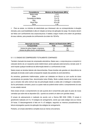 Compressibilidade Mecânica dos Solos II
Prof. Erinaldo H. Cavalcante 36
Consistência Módulo de Elasticidade (MPa)
Muito mole < 2,5
Mole 2,5 a 5
Consistência Média 5 a 10
Rija 10 a 20
Muito Rija 20 a 40
Dura > 40
Para as areias, os módulos de elasticidade que interessam são os correspondentes à situação
drenada, pois a permeabilidade é alta em relação ao tempo de aplicação da carga. Os ensaios devem
ser feitos com confinamento dos corpos-de-prova. A tabela a seguir mostra uma ordem de grandeza
de seus valores, para pressão de confinamento da ordem de 100 kPa:
Descrição da Areia
Compacidade Fofa Compacta
Areias de grãos frágeis, angulares 15 35
Areias de grãos duros, arredondados 55 100
Módulo de Elasticidade (MPa)
6.1.1.3. ENSAIO DE COMPRESSÃO TOTALMENTE CONFINADO
Também chamado de ensaio de compressão edométrica. Neste caso, o corpo-de-prova a comprimir é
colocado dentro de um recipiente (anel) indeformável, sendo aplicada externamente a tensão axial. O
anel impede qualquer tendência de deformação lateral e o confinamento é total.
Neste ensaio as tensões laterais são desconhecidas. Essas tensões são geradas em decorrência da
aplicação da tensão axial e pela conseqüente reação das paredes do anel edométrico.
As amostras, geralmente indeformadas, podem ser coletadas em blocos ou com auxílio de tubos
amostradores de paredes finas, denominados tubos Shelby. Muito cuidado deverá ser tomado para
que a amostra não sofra nenhum tipo de perturbação desde a coleta até à moldagem e laboratório.
Se for perturbada a amostra, pouco ou quase nada se poderá extrair sobre o comportamento do solo
no seu estado natural.
Este ensaio simula o comportamento do solo quando ele é comprimido pela ação do peso de novas
camadas que sobre ele se depositam (Ex.: quando se constrói um aterro em grandes áreas).
O ensaio de adensamento é realizado de acordo com a Norma MB 3336 (1999). O ensaio é
geralmente realizado em 6 a 10 estágios de carregamento, sendo que cada estágio dura ao menos
24 horas. O descarregamento é feito em 4 a 6 estágios, seguindo os mesmos procedimentos de
leitura empregados quando da aplicação dos estágios de carregamento.
Portanto, um ensaio edométrico completo dura ao menos uma semana.
 