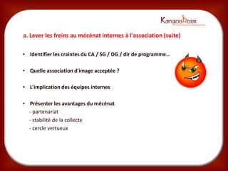 a. Lever les freins au mécénat internes à l'association (suite)

• Identifier les craintes du CA / SG / DG / dir de programme…

• Quelle association d'image acceptée ?

• L'implication des équipes internes

• Présenter les avantages du mécénat
  - partenariat
  - stabilité de la collecte
  - cercle vertueux
 