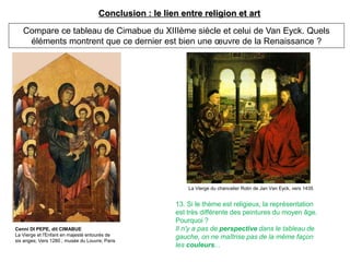 Conclusion : le lien entre religion et art
Compare ce tableau de Cimabue du XIIIème siècle et celui de Van Eyck. Quels
éléments montrent que ce dernier est bien une œuvre de la Renaissance ?
13. Si le thème est religieux, la représentation
est très différente des peintures du moyen âge.
Pourquoi ?
Il n’y a pas de perspective dans le tableau de
gauche, on ne maîtrise pas de la même façon
les couleurs...
Cenni DI PEPE, dit CIMABUE
La Vierge et l'Enfant en majesté entourés de
six anges; Vers 1280 ; musée du Louvre; Paris
La Vierge du chancelier Rolin de Jan Van Eyck, vers 1435
 
