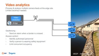 Video analytics
Geofencing :
- Send an alarm when a border is crossed
Access control :
- Identify authorised personnel
- Verify a person is wearing safety equipment
- Limit concurrent occupancy
11©EDF – Marc Caraveo
vEdge
Video
analytics
Process & analyze multiple camera feeds at the edge site.
Limited backhaul needed.
 