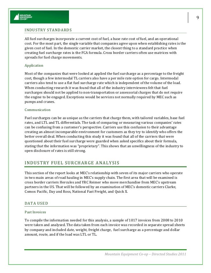 Fuel Surcharge Performance Report