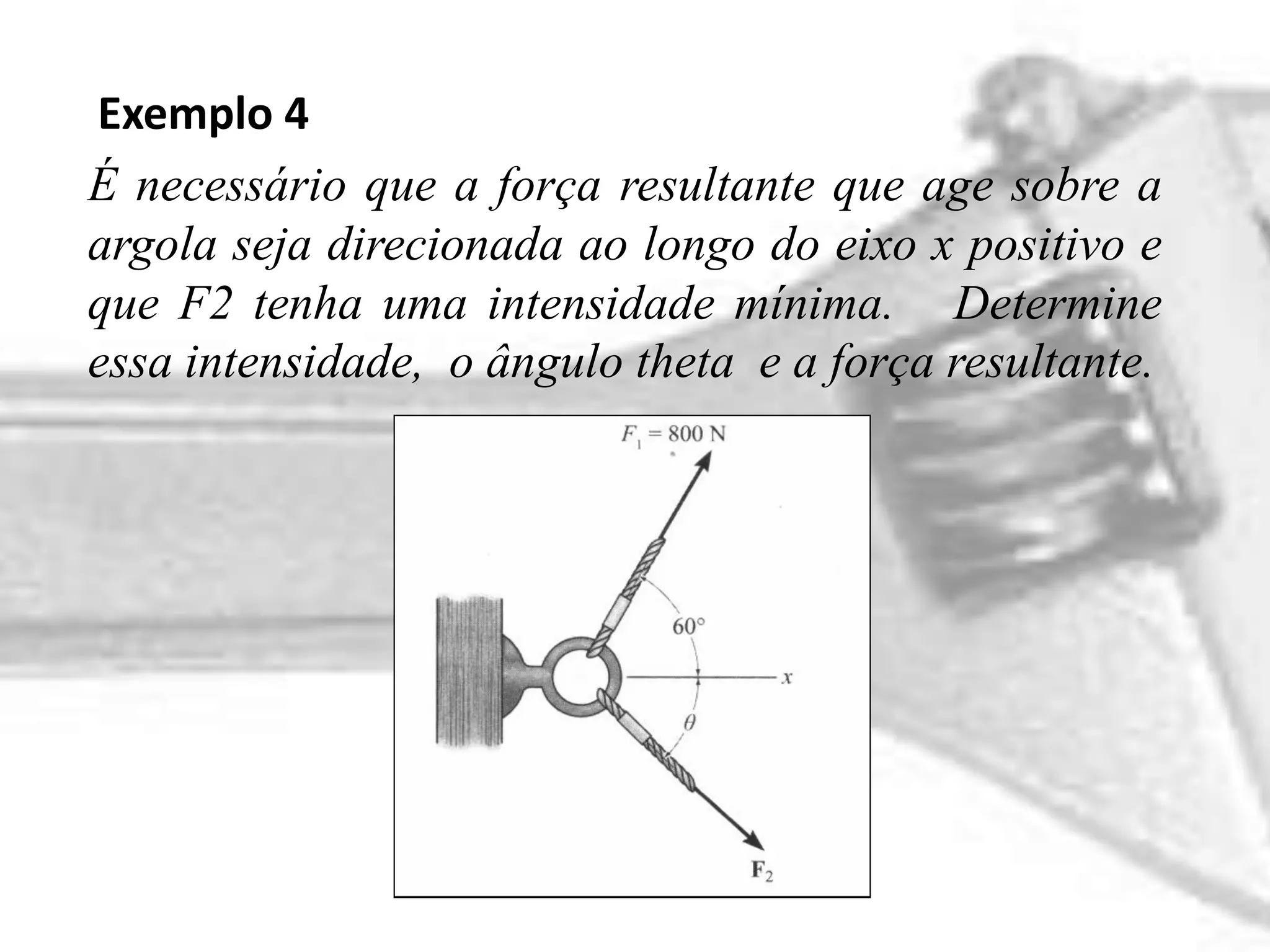 É necessário que a força resultante que age sobre a argola seja direcionada ao longo do eixo x positivo e que F2 tenha uma intensidade mínima. Determine essa intensidade, o ângulo theta e a força resultante.
Exemplo 4