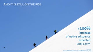 AND IT IS STILL ONTHE RISE.
+100%
increase
of native ad spends
expected
until 2017*
*in the US
Source: BIA/Kelsey ‘Annual US Local Media Forecast’, 2013
16
 