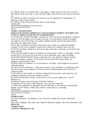05. CHECK UP the wear of brake disks or shoe linings. Change the part if the wear is excessive.
06. CHECK UP for loose bolts or studs. DO NOT Tighten loose bolt but renew the part with fresh
one.
07. CHECK all control mechanisms for excessive wear of components for contamination by
lubricants of other foreign matters.
08. CHECK UP that all exposed moving parts are well guarded.
ISO 9001:2008
O&M/CCE/EOT CRANE/REV01,dated:‐10.06.2012
Oldversiondated:‐10.06.2008
Page 24
YEARLY EXAMINATION
(THIS LOAD TON BE CARRIED OUT ALSO TO HOISTS SUBJECT TO SUDDEN OR
UNUSUAL SHOCK LOADS OR TO MAJOR REPAIRS)
01 The load hook should be thoroughly examined for swivel and also for any distortion elongation
cracks, etc. If in the opinion of the examiner the hook is to be discarded it should be scrapped
and replaced. Even if fresh hook is not readily available the hook should be discarded and the
hoist idled until replacement of hook.
02 The entire mechanism attachments chains ropes sheaves drum, etc. should be thoroughly
examined for any crack or damage. If some defects found, have it replaced with a new one.
03 SUCH Examination should be carried out for slings and tackles customarily used with the hoist
under inspection.
04 The gear box should be opened, oil drained out, all gears pinion shafts, etc. thoroughly cleaned
and then FULL UP the gear case with fresh oil as per instructions given under the heading
GEAR BOX MAINTENANCE Broken or distorted parts if any should be replaced, bearings
should be thoroughly examined. In case of play between shafts and bearing, replace the
appropriate part or bearing or both.
05 Brakes should be examined to wear and slackness. Any lining or part required to be renewed
should be replaced.
06 CHECK UP all rectifications / replacement records for such rectification or replacement done
after the previous annual inspection to ensure that such rectification/replacement need not be
carried out again.
07 IN CASE any rope of hook, etc. had been replaced after the previous annual inspection, the
certificates pertaining to those parts should be verified.
08 CHECK UP the proper function of all oil holes, oil ways, grease nipples/cups, oil level
indicators etc.
09 CHECK UP grease packed housing of ball/roller bearings.
10 CHECK UP if wire rope is fairly lubricated. It it is dry, get it lubricated.
11 CHECK the equipment for operational test with rated load or with maximum load generally
handled. Test the function of brake limit switches, control panel, etc. thoroughly.
ISO 9001:2008
O&M/CCE/EOT CRANE/REV01,dated:‐10.06.2012
Oldversiondated:‐10.06.2008
Page 25
LUBRICATION
The correct lubrication of component is one of the most essential parts of hoist maintenance.
Bearings,
Gears, Gear Couplings, Wire Ropes, pins should be lubricated regularly with correct lubrication chart
POINT OF
LUBRICATION
ACTIVITY FREQUENCY OF
 