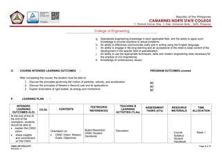 CNSC-OP-VPA-01F1 Page 3 of 11
Revision: 4
Republic of the Philippines
CAMARINES NORTE STATE COLLEGE
F. Pimentel Avenue, Brgy. 2, Daet, Camarines Norte – 4600, Philippines
College of Engineering
g. Specialized engineering knowledge in each applicable field, and the ability to apply such
knowledge to provide solutions to actual problems;
h. An ability to effectively communicate orally and in writing using the English language;
i. An ability to engage in life-long learning and an acceptance of the need to keep current of the
development in the specific field of specialization.
j. An ability to use the appropriate techniques, skills and modern engineering tools necessary for
the practice of civil engineering.
k. Knowledge of contemporary issues.
O. COURSE INTENDED LEARNING OUTCOMES :
After completing this course, the student must be able to:
1. Discuss the principles governing the motion of particles, velocity, and acceleration.
2. Discuss the principles of Newton’s Second Law and its applications.
3. Explain kinematics of rigid bodies, its energy and momentum.
PROGRAM OUTCOMES covered
a-l
a-l
a-l
P. LEARNING PLAN :
INTENDED
LEARNING
OUTCOMES (ILO)
CILOs CONTENTS
TEXTBOOKS/
REFERENCES
TEACHING &
LEARNING
ACTIVITIES (TLAs)
ASSESSMENT
TASKS (ATs)
RESOURCE
MATERIALS
TIME
ALLOCATION
At the end of this At
the end of the
orientation, students
should be able to:
• explain the CNSC
vision;
• share insights
and commitment
on the CNSC
Orientation on:
• CNSC Vision, Mission,
Goals, Objectives,
Board Resolution
CNSC Student
Handbook
Discussion
- Course
Syllabus
- Student
Handbook
Week 1
 