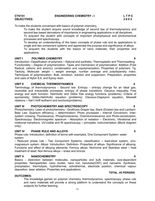 CY6151 ENGINEERING CHEMISTRY - I L T P C
OBJECTIVES: 3 0 0 3
To make the students conversant with basics of polymer chemistry.
To make the student acquire sound knowledge of second law of thermodynamics and
second law based derivations of importance in engineering applications in all disciplines.
To acquaint the student with concepts of important photophysical and photochemical
processes and spectroscopy.
To develop an understanding of the basic concepts of phase rule and its applications to
single and two component systems and appreciate the purpose and significance of alloys.
To acquaint the students with the basics of nano materials, their properties and
applications.
UNIT I POLYMER CHEMISTRY 9
Introduction: Classification of polymers – Natural and synthetic; Thermoplastic and Thermosetting.
Functionality – Degree of polymerization. Types and mechanism of polymerization: Addition (Free
Radical, cationic and anionic); condensation and copolymerization. Properties of polymers: Tg,
Tacticity, Molecular weight – weight average, number average and polydispersity index.
Techniques of polymerization: Bulk, emulsion, solution and suspension. Preparation, properties
and uses of Nylon 6,6, and Epoxy resin.
UNIT II CHEMICAL THERMODYNAMICS 9
Terminology of thermodynamics - Second law: Entropy - entropy change for an ideal gas,
reversible and irreversible processes; entropy of phase transitions; Clausius inequality. Free
energy and work function: Helmholtz and Gibbs free energy functions (problems); Criteria of
spontaneity; Gibbs-Helmholtz equation (problems); Clausius-Clapeyron equation; Maxwell
relations – Van’t Hoff isotherm and isochore(problems).
UNIT III PHOTOCHEMISTRY AND SPECTROSCOPY 9
Photochemistry: Laws of photochemistry - Grotthuss–Draper law, Stark–Einstein law and Lambert-
Beer Law. Quantum efficiency – determination- Photo processes - Internal Conversion, Inter-
system crossing, Fluorescence, Phosphorescence, Chemiluminescence and Photo-sensitization.
Spectroscopy: Electromagnetic spectrum - Absorption of radiation – Electronic, Vibrational and
rotational transitions. UV-visible and IR spectroscopy – principles, instrumentation (Block diagram
only).
UNIT IV PHASE RULE AND ALLOYS 9
Phase rule: Introduction, definition of terms with examples, One Component System- water
system
- Reduced phase rule - Two Component Systems- classification – lead-silver system, zinc-
magnesium system. Alloys: Introduction- Definition- Properties of alloys- Significance of alloying,
Functions and effect of alloying elements- Ferrous alloys- Nichrome and Stainless steel – heat
treatment of steel; Non-ferrous alloys – brass and bronze.
UNIT V NANOCHEMISTRY 9
Basics - distinction between molecules, nanoparticles and bulk materials; size-dependent
properties. Nanoparticles: nano cluster, nano rod, nanotube(CNT) and nanowire. Synthesis:
precipitation, thermolysis, hydrothermal, solvothermal, electrode position, chemical vapour
deposition, laser ablation; Properties and applications
TOTAL :45 PERIODS
OUTCOMES:
The knowledge gained on polymer chemistry, thermodynamics. spectroscopy, phase rule
and nano materials will provide a strong platform to understand the concepts on these
subjects for further learning.
11
 