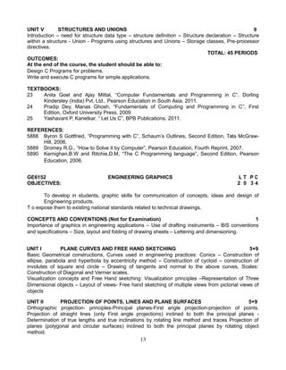 UNIT V STRUCTURES AND UNIONS 9
Introduction – need for structure data type – structure definition – Structure declaration – Structure
within a structure - Union - Programs using structures and Unions – Storage classes, Pre-processor
directives.
TOTAL: 45 PERIODS
OUTCOMES:
At the end of the course, the student should be able to:
Design C Programs for problems.
Write and execute C programs for simple applications.
TEXTBOOKS:
23 Anita Goel and Ajay Mittal, “Computer Fundamentals and Programming in C”, Dorling
Kindersley (India) Pvt. Ltd., Pearson Education in South Asia, 2011.
24 Pradip Dey, Manas Ghosh, “Fundamentals of Computing and Programming in C”, First
Edition, Oxford University Press, 2009
25 Yashavant P. Kanetkar. “ Let Us C”, BPB Publications, 2011.
REFERENCES:
5888 Byron S Gottfried, “Programming with C”, Schaum’s Outlines, Second Edition, Tata McGraw-
Hill, 2006.
5889 Dromey R.G., “How to Solve it by Computer”, Pearson Education, Fourth Reprint, 2007.
5890 Kernighan,B.W and Ritchie,D.M, “The C Programming language”, Second Edition, Pearson
Education, 2006.
GE6152 ENGINEERING GRAPHICS L T P C
OBJECTIVES: 2 0 3 4
To develop in students, graphic skills for communication of concepts, ideas and design of
Engineering products.
T o expose them to existing national standards related to technical drawings.
CONCEPTS AND CONVENTIONS (Not for Examination) 1
Importance of graphics in engineering applications – Use of drafting instruments – BIS conventions
and specifications – Size, layout and folding of drawing sheets – Lettering and dimensioning.
UNIT I PLANE CURVES AND FREE HAND SKETCHING 5+9
Basic Geometrical constructions, Curves used in engineering practices: Conics – Construction of
ellipse, parabola and hyperbola by eccentricity method – Construction of cycloid – construction of
involutes of square and circle – Drawing of tangents and normal to the above curves, Scales:
Construction of Diagonal and Vernier scales.
Visualization concepts and Free Hand sketching: Visualization principles –Representation of Three
Dimensional objects – Layout of views- Free hand sketching of multiple views from pictorial views of
objects
UNIT II PROJECTION OF POINTS, LINES AND PLANE SURFACES 5+9
Orthographic projection- principles-Principal planes-First angle projection-projection of points.
Projection of straight lines (only First angle projections) inclined to both the principal planes -
Determination of true lengths and true inclinations by rotating line method and traces Projection of
planes (polygonal and circular surfaces) inclined to both the principal planes by rotating object
method.
13
 