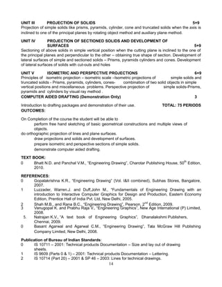 UNIT III PROJECTION OF SOLIDS 5+9
Projection of simple solids like prisms, pyramids, cylinder, cone and truncated solids when the axis is
inclined to one of the principal planes by rotating object method and auxiliary plane method.
UNIT IV PROJECTION OF SECTIONED SOLIDS AND DEVELOPMENT OF
SURFACES 5+9
Sectioning of above solids in simple vertical position when the cutting plane is inclined to the one of
the principal planes and perpendicular to the other – obtaining true shape of section. Development of
lateral surfaces of simple and sectioned solids – Prisms, pyramids cylinders and cones. Development
of lateral surfaces of solids with cut-outs and holes
UNIT V ISOMETRIC AND PERSPECTIVE PROJECTIONS 6+9
Principles of isometric projection – isometric scale –Isometric projections of simple solids and
truncated solids - Prisms, pyramids, cylinders, cones- combination of two solid objects in simple
vertical positions and miscellaneous problems. Perspective projection of simple solids-Prisms,
pyramids and cylinders by visual ray method .
COMPUTER AIDED DRAFTING (Demonstration Only) 3
Introduction to drafting packages and demonstration of their use. TOTAL: 75 PERIODS
OUTCOMES:
On Completion of the course the student will be able to
perform free hand sketching of basic geometrical constructions and multiple views of
objects.
do orthographic projection of lines and plane surfaces.
draw projections and solids and development of surfaces.
prepare isometric and perspective sections of simple solids.
demonstrate computer aided drafting.
TEXT BOOK:
0 Bhatt N.D. and Panchal V.M., “Engineering Drawing”, Charotar Publishing House, 50th
Edition,
2010.
REFERENCES:
0 Gopalakrishna K.R., “Engineering Drawing” (Vol. I&II combined), Subhas Stores, Bangalore,
2007.
1 Luzzader, Warren.J. and Duff,John M., “Fundamentals of Engineering Drawing with an
introduction to Interactive Computer Graphics for Design and Production, Eastern Economy
Edition, Prentice Hall of India Pvt. Ltd, New Delhi, 2005.
2 Shah M.B., and Rana B.C., “Engineering Drawing”, Pearson, 2nd
Edition, 2009.
3 Venugopal K. and Prabhu Raja V., “Engineering Graphics”, New Age International (P) Limited,
2008.
5. Natrajan K.V., “A text book of Engineering Graphics”, Dhanalakshmi Publishers,
Chennai, 2009.
0 Basant Agarwal and Agarwal C.M., “Engineering Drawing”, Tata McGraw Hill Publishing
Company Limited, New Delhi, 2008.
Publication of Bureau of Indian Standards:
0 IS 10711 – 2001: Technical products Documentation – Size and lay out of drawing
sheets.
1 IS 9609 (Parts 0 & 1) – 2001: Technical products Documentation – Lettering.
2 IS 10714 (Part 20) – 2001 & SP 46 – 2003: Lines for technical drawings.
14
 