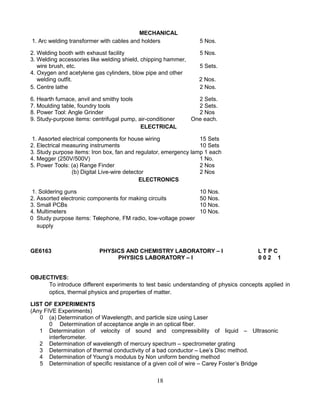 MECHANICAL
1. Arc welding transformer with cables and holders 5 Nos.
2. Welding booth with exhaust facility 5 Nos.
3. Welding accessories like welding shield, chipping hammer,
wire brush, etc. 5 Sets.
4. Oxygen and acetylene gas cylinders, blow pipe and other
welding outfit. 2 Nos.
5. Centre lathe 2 Nos.
6. Hearth furnace, anvil and smithy tools 2 Sets.
7. Moulding table, foundry tools 2 Sets.
8. Power Tool: Angle Grinder 2 Nos
9. Study-purpose items: centrifugal pump, air-conditioner One each.
ELECTRICAL
1. Assorted electrical components for house wiring 15 Sets
2. Electrical measuring instruments 10 Sets
3. Study purpose items: Iron box, fan and regulator, emergency lamp 1 each
4. Megger (250V/500V) 1 No.
5. Power Tools: (a) Range Finder 2 Nos
(b) Digital Live-wire detector 2 Nos
ELECTRONICS
1. Soldering guns 10 Nos.
2. Assorted electronic components for making circuits 50 Nos.
3. Small PCBs 10 Nos.
4. Multimeters 10 Nos.
0 Study purpose items: Telephone, FM radio, low-voltage power
supply
GE6163 PHYSICS AND CHEMISTRY LABORATORY – I L T P C
PHYSICS LABORATORY – I 0 0 2 1
OBJECTIVES:
To introduce different experiments to test basic understanding of physics concepts applied in
optics, thermal physics and properties of matter.
LIST OF EXPERIMENTS
(Any FIVE Experiments)
0 (a) Determination of Wavelength, and particle size using Laser
0 Determination of acceptance angle in an optical fiber.
1 Determination of velocity of sound and compressibility of liquid – Ultrasonic
interferometer.
2 Determination of wavelength of mercury spectrum – spectrometer grating
3 Determination of thermal conductivity of a bad conductor – Lee’s Disc method.
4 Determination of Young’s modulus by Non uniform bending method
5 Determination of specific resistance of a given coil of wire – Carey Foster’s Bridge
18
 