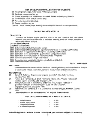 LIST OF EQUIPMENT FOR A BATCH OF 30 STUDENTS:
23 Traveling microscope, meter scale, Knife edge, weights
24 Band gap experimental set up
25 Burette, Capillary tube, rubber tube, stop clock, beaker and weighing balance
26 spectrometer, prism, sodium vapour lamp.
27 Air-wedge experimental set up.
28 Torsion pendulum set up.
(vernier Caliper, Screw gauge, reading lens are required for most of the experiments)
CHEMISTRY LABORATORY - II
OBJECTIVES:
To make the student acquire practical skills in the wet chemical and instrumental
methods for quantitative estimation of hardness, alkalinity, metal ion content, corrosion in
metals and cement analysis.
LIST OF EXPERIMENTS
(Any FIVE Experiments)
5888 Determination of alkalinity in water sample
5889 Determination of total, temporary & permanent hardness of water by EDTA method
5890 Estimation of copper content of the given solution by EDTA method
5891 Estimation of iron content of the given solution using potentiometer
5892 Estimation of sodium present in water using flame photometer
5893 Corrosion experiment – weight loss method
5894 Conductometric precipitation titration using BaCl2 and Na2SO4
5895 Determination of CaO in Cement.
TOTAL: 30 PERIODS
OUTCOMES:
The students will be conversant with hands-on knowledge in the quantitative chemical analysis
of water quality related parameters, corrosion measurement and cement analysis.
REFERENCES:
23 Daniel R. Palleros, “Experimental organic chemistry” John Wiley & Sons,
Inc., New York, 2001.
24 Furniss B.S. Hannaford A.J, Smith P.W.G and Tatchel A.R., “Vogel’s Textbook of
practical organic chemistry, LBS Singapore ,1994.
25 Jeffery G.H, Bassett J., Mendham J. and Denny R.C., “Vogel’s Text book of
quantitative analysis chemical analysis”, ELBS 5th Edn. Longman,
Singapore publishers, Singapore, 1996.
26 Kolthoff I.M. and Sandell E.B. et al. Quantitative chemical analysis, McMillan, Madras
1980
23 Laboratory classes on alternate weeks for Physics and Chemistry.
LIST OF EQUIPMENT FOR A BATCH OF 30 STUDENTS:
1. Potentiometer - 5 Nos
2. Flame photo meter - 5 Nos
3. Weighing Balance - 5 Nos
4. Conductivity meter - 5 Nos
Common Apparatus : Pipette, Burette, conical flask, percelain tile, dropper (30 Nos each)
3
0
 