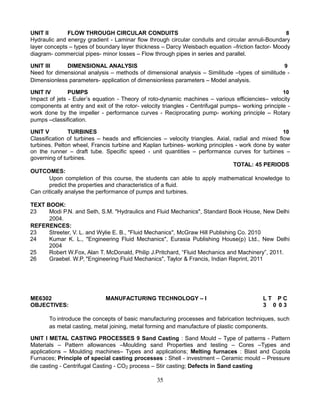 UNIT II FLOW THROUGH CIRCULAR CONDUITS 8
Hydraulic and energy gradient - Laminar flow through circular conduits and circular annuli-Boundary
layer concepts – types of boundary layer thickness – Darcy Weisbach equation –friction factor- Moody
diagram- commercial pipes- minor losses – Flow through pipes in series and parallel.
UNIT III DIMENSIONAL ANALYSIS 9
Need for dimensional analysis – methods of dimensional analysis – Similitude –types of similitude -
Dimensionless parameters- application of dimensionless parameters – Model analysis.
UNIT IV PUMPS 10
Impact of jets - Euler’s equation - Theory of roto-dynamic machines – various efficiencies– velocity
components at entry and exit of the rotor- velocity triangles - Centrifugal pumps– working principle -
work done by the impeller - performance curves - Reciprocating pump- working principle – Rotary
pumps –classification.
UNIT V TURBINES 10
Classification of turbines – heads and efficiencies – velocity triangles. Axial, radial and mixed flow
turbines. Pelton wheel, Francis turbine and Kaplan turbines- working principles - work done by water
on the runner – draft tube. Specific speed - unit quantities – performance curves for turbines –
governing of turbines.
TOTAL: 45 PERIODS
OUTCOMES:
Upon completion of this course, the students can able to apply mathematical knowledge to
predict the properties and characteristics of a fluid.
Can critically analyse the performance of pumps and turbines.
TEXT BOOK:
23 Modi P.N. and Seth, S.M. "Hydraulics and Fluid Mechanics", Standard Book House, New Delhi
2004.
REFERENCES:
23 Streeter, V. L. and Wylie E. B., "Fluid Mechanics", McGraw Hill Publishing Co. 2010
24 Kumar K. L., "Engineering Fluid Mechanics", Eurasia Publishing House(p) Ltd., New Delhi
2004
25 Robert W.Fox, Alan T. McDonald, Philip J.Pritchard, “Fluid Mechanics and Machinery”, 2011.
26 Graebel. W.P, "Engineering Fluid Mechanics", Taylor & Francis, Indian Reprint, 2011
ME6302 MANUFACTURING TECHNOLOGY – I L T P C
OBJECTIVES: 3 0 0 3
To introduce the concepts of basic manufacturing processes and fabrication techniques, such
as metal casting, metal joining, metal forming and manufacture of plastic components.
UNIT I METAL CASTING PROCESSES 9 Sand Casting : Sand Mould – Type of patterns - Pattern
Materials – Pattern allowances –Moulding sand Properties and testing – Cores –Types and
applications – Moulding machines– Types and applications; Melting furnaces : Blast and Cupola
Furnaces; Principle of special casting processes : Shell - investment – Ceramic mould – Pressure
die casting - Centrifugal Casting - CO2 process – Stir casting; Defects in Sand casting
35
 