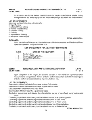 ME6311 MANUFACTURING TECHNOLOGY LABORATORY – I L T P C
OBJECTIVES: 0 0 3 2
To Study and practice the various operations that can be performed in lathe, shaper, drilling,
milling machines etc. and to equip with the practical knowledge required in the core industries.
LIST OF EXPERIMENTS
Machining and Machining time estimations for :
0 Taper Turning
1 External Thread cutting
2 Internal Thread Cutting
3 Eccentric Turning
4 Knurling
5 Square Head Shaping
6 Hexagonal Head Shaping
TOTAL: 45 PERIODS
OUTCOMES:
Upon completion of this course, the students can able to demonstrate and fabricate different
types of components using the machine tools
LIST OF EQUIPMENT FOR A BATCH OF 30 STUDENTS
S. NO. NAME OF THE EQUIPMENT Qty.
1 Centre Lathes 7 Nos.
2 Horizontal Milling Machine 1 No
3 Vertical Milling Machine 1 No
4 Shaper 1 Nos.
CE6461 FLUID MECHANICS AND MACHINERY LABORATORY L T P C
OBJECTIVES: 0 0 3 2
Upon Completion of this subject, the students can able to have hands on experience in flow
measurements using different devices and also perform calculation related to losses in pipes
and also perform characteristic study of pumps, turbines etc.,
LIST OF EXPERIMENTS
Determination of the Coefficient of discharge of given Orifice meter.
Determination of the Coefficient of discharge of given Venturi meter.
Calculation of the rate of flow using Rota meter.
Determination of friction factor for a given set of pipes.
Conducting experiments and drawing the characteristic curves of centrifugal pump/ submergible
pump
Conducting experiments and drawing the characteristic curves of reciprocating pump.
Conducting experiments and drawing the characteristic curves of Gear pump.
Conducting experiments and drawing the characteristic curves of Pelton wheel.
Conducting experiments and drawing the characteristics curves of Francis turbine.
Conducting experiments and drawing the characteristic curves of Kaplan turbine.
TOTAL: 45 PERIODS
38
 