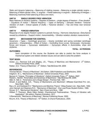 Static and dynamic balancing – Balancing of rotating masses – Balancing a single cylinder engine –
Balancing of Multi-cylinder inline, V- engines – Partial balancing in engines – Balancing of linkages –
Balancing machines-Field balancing of discs and rotors.
UNIT III SINGLE DEGREE FREE VIBRATION 9
Basic features of vibratory systems – Degrees of freedom – single degree of freedom – Free vibration
– Equations of motion – Natural frequency – Types of Damping – Damped vibration– Torsional
vibration of shaft – Critical speeds of shafts – Torsional vibration – Two and three rotor torsional
systems.
UNIT IV FORCED VIBRATION 9
Response of one degree freedom systems to periodic forcing – Harmonic disturbances –Disturbance
caused by unbalance – Support motion –transmissibility – Vibration isolation vibration measurement.
UNIT V MECHANISM FOR CONTROL 9
Governors – Types – Centrifugal governors – Gravity controlled and spring controlled centrifugal
governors – Characteristics – Effect of friction – Controlling force curves. Gyroscopes –Gyroscopic
forces and torques – Gyroscopic stabilization – Gyroscopic effects in Automobiles, ships and
airplanes.
TOTAL : 45 PERIODS
OUTCOMES:
Upon completion of this course, the Students can able to predict the force analysis in
mechanical system and related vibration issues and can able to solve the problem
TEXT BOOK:
Uicker, J.J., Pennock G.R and Shigley, J.E., “Theory of Machines and Mechanisms” ,3rd
Edition,
Oxford University Press, 2009.
Rattan, S.S, “Theory of Machines”, 3rd
Edition, Tata McGraw-Hill, 2009
REFERENCES:
Thomas Bevan, "Theory of Machines", 3rd Edition, CBS Publishers and Distributors, 2005.
Cleghorn. W. L, “Mechanisms of Machines”, Oxford University Press, 2005
Benson H. Tongue, ”Principles of Vibrations”, Oxford University Press, 2nd
Edition, 2007
Robert L. Norton, "Kinematics and Dynamics of Machinery", Tata McGraw-Hill, 2009.
Allen S. Hall Jr., “Kinematics and Linkage Design”, Prentice Hall, 1961
Ghosh. A and Mallick, A.K., “Theory of Mechanisms and Machines", Affiliated East-West Pvt. Ltd.,
New Delhi, 1988.
Rao.J.S. and Dukkipati.R.V. "Mechanisms and Machine Theory", Wiley-Eastern Ltd., New Delhi, 1992.
John Hannah and Stephens R.C., "Mechanics of Machines", Viva Low-Prices Student Edition, 1999.
Grover. G.T., “Mechanical Vibrations”, Nem Chand and Bros., 1996
William T. Thomson, Marie Dillon Dahleh, Chandramouli Padmanabhan, “Theory of Vibration with
Application”, 5th edition, Pearson Education, 2011
V.Ramamurthi, "Mechanics of Machines", Narosa Publishing House, 2002.
Khurmi, R.S.,”Theory of Machines”, 14th
Edition, S Chand Publications, 2005.
GE6075 PROFESSIONAL ETHICS IN ENGINEERING L T P C
55
 