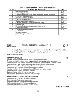 LIST OF EQUIPMENT FOR A BATCH OF 30 STUDENTS
S.No. NAME OF THE EQUIPMENT Qty.
1 Cam follower setup. 1 No.
2 Motorised gyroscope. 1 No.
3 Governor apparatus - Watt, Porter, Proell and Hartnell governors. 1 No.
4 Whirling of shaft apparatus. 1 No.
5 Dynamic balancing machine. 1 No.
6 Two rotor vibration setup. 1 No.
7 Spring mass vibration system. 1 No.
8 Torsional Vibration of single rotor system setup. 1 No.
9 Gear Models 1 No.
10 Kinematic Models to study various mechanisms. 1 No.
11 Turn table apparatus. 1 No.
12 Transverse vibration setup of 1 No.
a) cantilever
b) Free-Free beam
c) Simply supported beam.
ME6512 THERMAL ENGINEERING LABORATORY – II L T P C
OBJECTIVES 0 0 3 2
To study the heat transfer phenomena predict the relevant coefficient using implementation
To study the performance of refrigeration cycle / components
LIST OF EXPERIMENTS:
HEAT TRANSFER LAB: 30
Thermal conductivity measurement using guarded plate apparatus.
Thermal conductivity measurement of pipe insulation using lagged pipe apparatus.
Determination of heat transfer coefficient under natural convection from a vertical cylinder.
Determination of heat transfer coefficient under forced convection from a tube.
Determination of Thermal conductivity of composite wall.
Determination of Thermal conductivity of insulating powder.
Heat transfer from pin-fin apparatus (natural & forced convection modes)
Determination of Stefan – Boltzmann constant.
Determination of emissivity of a grey surface.
Effectiveness of Parallel / counter flow heat exchanger.
REFRIGERATION AND AIR CONDITIONING LAB 15
Determination of COP of a refrigeration system
Experiments on Psychrometric processes
Performance test on a reciprocating air compressor
Performance test in a HC Refrigeration System
Performance test in a fluidized Bed Cooling Tower
TOTAL: 45 PERIODS
58
 