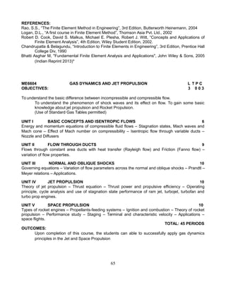REFERENCES:
Rao, S.S., “The Finite Element Method in Engineering”, 3rd Edition, Butterworth Heinemann, 2004
Logan, D.L., “A first course in Finite Element Method”, Thomson Asia Pvt. Ltd., 2002
Robert D. Cook, David S. Malkus, Michael E. Plesha, Robert J. Witt, “Concepts and Applications of
Finite Element Analysis”, 4th Edition, Wiley Student Edition, 2002.
Chandrupatla & Belagundu, “Introduction to Finite Elements in Engineering”, 3rd Edition, Prentice Hall
College Div, 1990
Bhatti Asghar M, "Fundamental Finite Element Analysis and Applications", John Wiley & Sons, 2005
(Indian Reprint 2013)*
ME6604 GAS DYNAMICS AND JET PROPULSION L T P C
OBJECTIVES: 3 0 0 3
To understand the basic difference between incompressible and compressible flow.
To understand the phenomenon of shock waves and its effect on flow. To gain some basic
knowledge about jet propulsion and Rocket Propulsion.
(Use of Standard Gas Tables permitted)
UNIT I BASIC CONCEPTS AND ISENTROPIC FLOWS 6
Energy and momentum equations of compressible fluid flows – Stagnation states, Mach waves and
Mach cone – Effect of Mach number on compressibility – Isentropic flow through variable ducts –
Nozzle and Diffusers
UNIT II FLOW THROUGH DUCTS 9
Flows through constant area ducts with heat transfer (Rayleigh flow) and Friction (Fanno flow) –
variation of flow properties.
UNIT III NORMAL AND OBLIQUE SHOCKS 10
Governing equations – Variation of flow parameters across the normal and oblique shocks – Prandtl –
Meyer relations – Applications.
UNIT IV JET PROPULSION 10
Theory of jet propulsion – Thrust equation – Thrust power and propulsive efficiency – Operating
principle, cycle analysis and use of stagnation state performance of ram jet, turbojet, turbofan and
turbo prop engines.
UNIT V SPACE PROPULSION 10
Types of rocket engines – Propellants-feeding systems – Ignition and combustion – Theory of rocket
propulsion – Performance study – Staging – Terminal and characteristic velocity – Applications –
space flights.
TOTAL: 45 PERIODS
OUTCOMES:
Upon completion of this course, the students can able to successfully apply gas dynamics
principles in the Jet and Space Propulsion
65
 