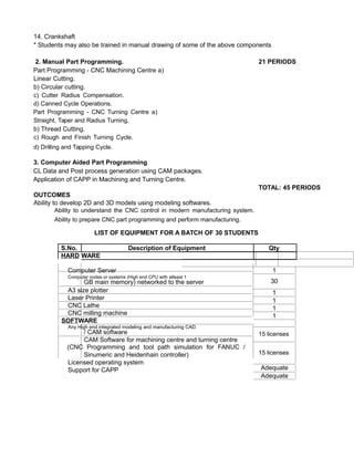 14. Crankshaft
* Students may also be trained in manual drawing of some of the above components
2. Manual Part Programming. 21 PERIODS
Part Programming - CNC Machining Centre a)
Linear Cutting.
b) Circular cutting.
c) Cutter Radius Compensation.
d) Canned Cycle Operations.
Part Programming - CNC Turning Centre a)
Straight, Taper and Radius Turning.
b) Thread Cutting.
c) Rough and Finish Turning Cycle.
d) Drilling and Tapping Cycle.
3. Computer Aided Part Programming
CL Data and Post process generation using CAM packages.
Application of CAPP in Machining and Turning Centre.
TOTAL: 45 PERIODS
OUTCOMES
Ability to develop 2D and 3D models using modeling softwares.
Ability to understand the CNC control in modern manufacturing system.
Ability to prepare CNC part programming and perform manufacturing.
LIST OF EQUIPMENT FOR A BATCH OF 30 STUDENTS
S.No. Description of Equipment Qty
HARD WARE
Computer Server
Computer nodes or systems (High end CPU with atleast 1
GB main memory) networked to the server
A3 size plotter
Laser Printer
CNC Lathe
CNC milling machine
SOFTWARE
Any High end integrated modeling and manufacturing CAD
/ CAM software
CAM Software for machining centre and turning centre
(CNC Programming and tool path simulation for FANUC /
Sinumeric and Heidenhain controller)
Licensed operating system
Support for CAPP
1
30
1
1
1
1
15 licenses
15 licenses
Adequate
Adequate
 