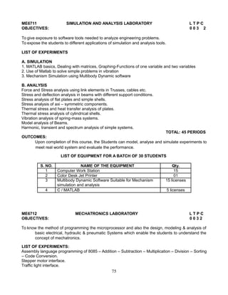 ME6711 SIMULATION AND ANALYSIS LABORATORY L T P C
OBJECTIVES: 0 0 3 2
To give exposure to software tools needed to analyze engineering problems.
To expose the students to different applications of simulation and analysis tools.
LIST OF EXPERIMENTS
A. SIMULATION
1. MATLAB basics, Dealing with matrices, Graphing-Functions of one variable and two variables
2. Use of Matlab to solve simple problems in vibration
3. Mechanism Simulation using Multibody Dynamic software
B. ANALYSIS
Force and Stress analysis using link elements in Trusses, cables etc.
Stress and deflection analysis in beams with different support conditions.
Stress analysis of flat plates and simple shells.
Stress analysis of axi – symmetric components.
Thermal stress and heat transfer analysis of plates.
Thermal stress analysis of cylindrical shells.
Vibration analysis of spring-mass systems.
Model analysis of Beams.
Harmonic, transient and spectrum analysis of simple systems.
TOTAL: 45 PERIODS
OUTCOMES:
Upon completion of this course, the Students can model, analyse and simulate experiments to
meet real world system and evaluate the performance.
LIST OF EQUIPMENT FOR A BATCH OF 30 STUDENTS
S. NO. NAME OF THE EQUIPMENT Qty.
1 Computer Work Station 15
2 Color Desk Jet Printer 01
3 Multibody Dynamic Software Suitable for Mechanism 15 licenses
simulation and analysis
4 C / MATLAB 5 licenses
ME6712 MECHATRONICS LABORATORY L T P C
OBJECTIVES: 0 0 3 2
To know the method of programming the microprocessor and also the design, modeling & analysis of
basic electrical, hydraulic & pneumatic Systems which enable the students to understand the
concept of mechatronics.
LIST OF EXPERIMENTS:
Assembly language programming of 8085 – Addition – Subtraction – Multiplication – Division – Sorting
– Code Conversion.
Stepper motor interface.
Traffic light interface.
75
 