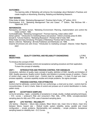 OUTCOMES :
The learning skills of Marketing will enhance the knowledge about Marketer’s Practices and
create insights on Advertising, Branding, Retailing and Marketing Research.
TEXT BOOKS:
Philip Kolter & Keller, “Marketing Management”, Prentice Hall of India, 14th
edition, 2012.
Chandrasekar. K.S., “Marketing Management Text and Cases”, 1st
Edition, Tata McGraw Hill –
Vijaynicole, 2010.
REFERENCES:
Ramasamy and Nama kumari, “Marketing Environment: Planning, implementation and control the
Indian context”, 1990.
Czinkota&Kotabe, “Marketing management”, Thomson learning, Indian edition 2007
Adrain palmer, “ Introduction to marketing theory and practice”, Oxford university press IE 2004.
Donald S. Tull and Hawkins, “Marketing Reasearch”, Prentice Hall of Inida-1997.
Philip Kotler and Gary Armstrong “Principles of Marketing” Prentice Hall of India, 2000.
Steven J.Skinner, “Marketing”, All India Publishers and Distributes Ltd. 1998.
Graeme Drummond and John Ensor, "Introduction to marketing concepts", Elsevier, Indian Reprint,
2007.
ME6001 QUALITY CONTROL AND RELIABILITY ENGINEERING L T P C
OBJECTIVES: 3 0 0 3
To introduce the concept of SQC
To understand process control and acceptance sampling procedure and their application.
To learn the concept of reliability.
UNIT I INTRODUCTION AND PROCESS CONTROL FOR VARIABLES 10
Introduction, definition of quality, basic concept of quality, definition of SQC, benefits and limitation of
SQC, Quality assurance, Quality control: Quality cost-Variation in process causes of variation –Theory
of control chart- uses of control chart – Control chart for variables – X chart, R chart and chart -
process capability – process capability studies and simple problems. Six sigma concepts
UNIT II PROCESS CONTROL FOR ATTRIBUTES 8
Control chart for attributes –control chart for non conformings– p chart and np chart – control chart for
nonconformities– C and U charts, State of control and process out of control identification in charts,
pattern study.
UNIT III ACCEPTANCE SAMPLING 9
Lot by lot sampling – types – probability of acceptance in single, double, multiple sampling techniques
– O.C. curves – producer’s Risk and consumer’s Risk. AQL, LTPD, AOQL concepts-standard
sampling plans for AQL and LTPD- uses of standard sampling plans.
UNIT IV LIFE TESTING – RELIABILITY 9
Life testing – Objective – failure data analysis, Mean failure rate, mean time to failure, mean time
between failure, hazard rate – Weibull model, system reliability, series, parallel and mixed
configuration – simple problems. Maintainability and availability – simple problems. Acceptance
sampling based on reliability test – O.C Curves.
79
 