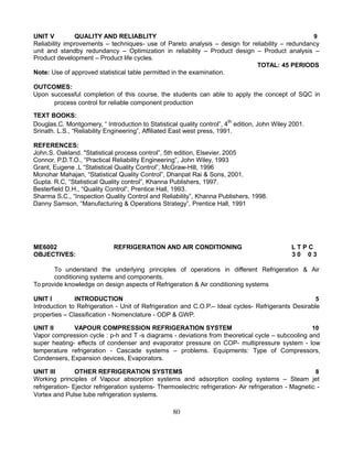UNIT V QUALITY AND RELIABLITY 9
Reliability improvements – techniques- use of Pareto analysis – design for reliability – redundancy
unit and standby redundancy – Optimization in reliability – Product design – Product analysis –
Product development – Product life cycles.
TOTAL: 45 PERIODS
Note: Use of approved statistical table permitted in the examination.
OUTCOMES:
Upon successful completion of this course, the students can able to apply the concept of SQC in
process control for reliable component production
TEXT BOOKS:
Douglas.C. Montgomery, “ Introduction to Statistical quality control”, 4th
edition, John Wiley 2001.
Srinath. L.S., “Reliability Engineering”, Affiliated East west press, 1991.
REFERENCES:
John.S. Oakland. "Statistical process control”, 5th edition, Elsevier, 2005
Connor, P.D.T.O., “Practical Reliability Engineering”, John Wiley, 1993
Grant, Eugene .L “Statistical Quality Control”, McGraw-Hill, 1996
Monohar Mahajan, “Statistical Quality Control”, Dhanpat Rai & Sons, 2001.
Gupta. R.C, “Statistical Quality control”, Khanna Publishers, 1997.
Besterfield D.H., “Quality Control”, Prentice Hall, 1993.
Sharma S.C., “Inspection Quality Control and Reliability”, Khanna Publishers, 1998.
Danny Samson, “Manufacturing & Operations Strategy”, Prentice Hall, 1991
ME6002 REFRIGERATION AND AIR CONDITIONING L T P C
OBJECTIVES: 3 0 0 3
To understand the underlying principles of operations in different Refrigeration & Air
conditioning systems and components.
To provide knowledge on design aspects of Refrigeration & Air conditioning systems
UNIT I INTRODUCTION 5
Introduction to Refrigeration - Unit of Refrigeration and C.O.P.– Ideal cycles- Refrigerants Desirable
properties – Classification - Nomenclature - ODP & GWP.
UNIT II VAPOUR COMPRESSION REFRIGERATION SYSTEM 10
Vapor compression cycle : p-h and T -s diagrams - deviations from theoretical cycle – subcooling and
super heating- effects of condenser and evaporator pressure on COP- multipressure system - low
temperature refrigeration - Cascade systems – problems. Equipments: Type of Compressors,
Condensers, Expansion devices, Evaporators.
UNIT III OTHER REFRIGERATION SYSTEMS 8
Working principles of Vapour absorption systems and adsorption cooling systems – Steam jet
refrigeration- Ejector refrigeration systems- Thermoelectric refrigeration- Air refrigeration - Magnetic -
Vortex and Pulse tube refrigeration systems.
80
 