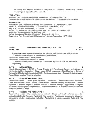 To identify the different maintenance categories like Preventive maintenance, condition
monitoring and repair of machine elements.
TEXT BOOKS:
Srivastava S.K., “Industrial Maintenance Management”, S. Chand and Co., 1981
Venkataraman .K “Maintancence Engineering and Management”, PHI Learning, Pvt. Ltd., 2007
REFERENCES:
Bhattacharya S.N., “Installation, Servicing and Maintenance”, S. Chand and Co., 1995
White E.N., “Maintenance Planning”, I Documentation, Gower Press, 1979.
Garg M.R., “Industrial Maintenance”, S. Chand & Co., 1986.
Higgins L.R., “Maintenance Engineering Hand book”, 5th Edition, McGraw Hill, 1988.
Armstrong, “Condition Monitoring”, BSIRSA, 1988.
Davies, “Handbook of Condition Monitoring”, Chapman & Hall, 1996.
“Advances in Plant Engineering and Management”, Seminar Proceedings - IIPE, 1996.
EE6007 MICRO ELECTRO MECHANICAL SYSTEMS L T P C
OBJECTIVES 3 0 0 3
To provide knowledge of semiconductors and solid mechanics to fabricate MEMS devices.
To educate on the rudiments of Micro fabrication techniques.
To introduce various sensors and actuators
To introduce different materials used for MEMS
To educate on the applications of MEMS to disciplines beyond Electrical and Mechanical
engineering.
UNIT I INTRODUCTION 9
Intrinsic Characteristics of MEMS – Energy Domains and Transducers- Sensors and Actuators –
Introduction to Micro fabrication - Silicon based MEMS processes – New Materials – Review of
Electrical and Mechanical concepts in MEMS – Semiconductor devices – Stress and strain analysis –
Flexural beam bending- Torsional deflection.
UNIT II SENSORS AND ACTUATORS-I 9
Electrostatic sensors – Parallel plate capacitors – Applications – Interdigitated Finger capacitor –
Comb drive devices – Micro Grippers – Micro Motors - Thermal Sensing and Actuation – Thermal
expansion – Thermal couples – Thermal resistors – Thermal Bimorph - Applications – Magnetic
Actuators – Micromagnetic components – Case studies of MEMS in magnetic actuators- Actuation
using Shape Memory Alloys
UNIT III SENSORS AND ACTUATORS-II 9
Piezoresistive sensors – Piezoresistive sensor materials - Stress analysis of mechanical elements –
Applications to Inertia, Pressure, Tactile and Flow sensors – Piezoelectric sensors and actuators –
piezoelectric effects – piezoelectric materials – Applications to Inertia , Acoustic, Tactile and Flow
sensors.
93
 