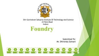 Foundry
Shri Govindram Seksaria Institute Of Technology And Science
23 Park,Road
Indore
1 4
3
2 8
7
6
5 9 10 12
11
Submitted To:
Mr. Dhirendu Somani
 