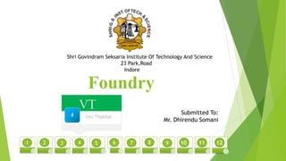 Foundry
Shri Govindram Seksaria Institute Of Technology And Science
23 Park,Road
Indore
1 4
3
2 8
7
6
5 9 10 12
11
Submitted To:
Mr. Dhirendu Somani
 