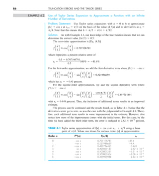 86 TRUNCATION ERRORS AND THE TAYLOR SERIES
EXAMPLE 4.2 Use of Taylor Series Expansion to Approximate a Function with an Inﬁnite
Number of Derivatives
Problem Statement. Use Taylor series expansions with n 5 0 to 6 to approximate
f(x) 5 cos x at xi+1 5 py3 on the basis of the value of f(x) and its derivatives at xi 5
py4. Note that this means that h 5 py3 2 py4 5 py12.
Solution. As with Example 4.1, our knowledge of the true function means that we can
determine the correct value f(py3) 5 0.5.
The zero-order approximation is [Eq. (4.3)]
f a
p
3
b  cos a
p
4
b 5 0.707106781
which represents a percent relative error of
et 5
0.5 2 0.707106781
0.5
100% 5 241.4%
For the first-order approximation, we add the first derivative term where f9(x) 5 2sin x:
f a
p
3
b  cos a
p
4
b 2 sin a
p
4
b a
p
12
b 5 0.521986659
which has et 5 24.40 percent.
For the second-order approximation, we add the second derivative term where
f 0(x) 5 2cos x:
f a
p
3
b  cos a
p
4
b 2 sin a
p
4
b a
p
12
b 2
cos(py4)
2
a
p
12
b
2
5 0.497754491
with et 5 0.449 percent. Thus, the inclusion of additional terms results in an improved
estimate.
The process can be continued and the results listed, as in Table 4.1. Notice that the
derivatives never go to zero, as was the case with the polynomial in Example 4.1. There-
fore, each additional term results in some improvement in the estimate. However, also
notice how most of the improvement comes with the initial terms. For this case, by the
time we have added the third-order term, the error is reduced to 2.62 3 1022
percent,
TABLE 4.1 Taylor series approximation of f(x) 5 cos x at xi11 5 p/3 using a base
point of p/4. Values are shown for various orders (n) of approximation.
Order n f(n)
(x) f(P/3) Et
0 cos x 0.707106781 241.4
1 2sin x 0.521986659 24.4
2 2cos x 0.497754491 0.449
3 sin x 0.499869147 2.62 3 1022
4 cos x 0.500007551 21.51 3 1023
5 2sin x 0.500000304 26.08 3 1025
6 2cos x 0.499999988 2.44 3 1026
 