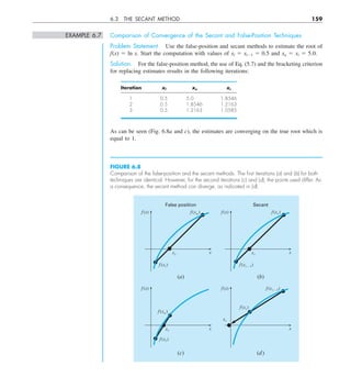 EXAMPLE 6.7 Comparison of Convergence of the Secant and False-Position Techniques
Problem Statement. Use the false-position and secant methods to estimate the root of
f(x) 5 ln x. Start the computation with values of xl 5 xi21 5 0.5 and xu 5 xi 5 5.0.
Solution. For the false-position method, the use of Eq. (5.7) and the bracketing criterion
for replacing estimates results in the following iterations:
Iteration xl xu xr
1 0.5 5.0 1.8546
2 0.5 1.8546 1.2163
3 0.5 1.2163 1.0585
As can be seen (Fig. 6.8a and c), the estimates are converging on the true root which is
equal to 1.
6.3 THE SECANT METHOD 159
FIGURE 6.8
Comparison of the false-position and the secant methods. The ﬁrst iterations (a) and (b) for both
techniques are identical. However, for the second iterations (c) and (d), the points used differ. As
a consequence, the secant method can diverge, as indicated in (d).
f(x) f (xu)
f (xl )
x
xr
(a)
False position
f(x) f(xi )
f(xi )
f(xi – 1)
x
xr
(b)
Secant
f(x)
f (xl )
f(xu)
x
xr
(c)
f(x) f (xi – 1)
x
xr
(d)
 