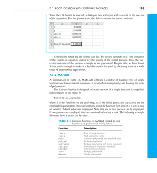 7.7 ROOT LOCATION WITH SOFTWARE PACKAGES 195
When the OK button is selected, a dialogue box will open with a report on the success
of the operation. For the present case, the Solver obtains the correct solution:
It should be noted that the Solver can fail. Its success depends on (1) the condition
of the system of equations and/or (2) the quality of the initial guesses. Thus, the suc-
cessful outcome of the previous example is not guaranteed. Despite this, we have found
Solver useful enough to make it a feasible option for quickly obtaining roots in a wide
range of engineering applications.
7.7.2 MATLAB
As summarized in Table 7.1, MATLAB software is capable of locating roots of single
algebraic and transcendental equations. It is superb at manipulating and locating the roots
of polynomials.
The fzero function is designed to locate one root of a single function. A simplified
representation of its syntax is
fzero(f,x0,options)
where f is the function you are analyzing, x0 is the initial guess, and options are the
optimization parameters (these are changed using the function optimset). If options
are omitted, default values are employed. Note that one or two guesses can be employed.
If two guesses are employed, they are assumed to bracket a root. The following example
illustrates how fzero can be used.
TABLE 7.1 Common functions in MATLAB related to root
location and polynomial manipulation.
Function Description
fzero Root of single function.
roots Find polynomial roots.
poly Construct polynomial with speciﬁed roots.
polyval Evaluate polynomial.
polyvalm Evaluate polynomial with matrix argument.
residue Partial-fraction expansion (residues).
polyder Differentiate polynomial.
conv Multiply polynomials.
deconv Divide polynomials.
 