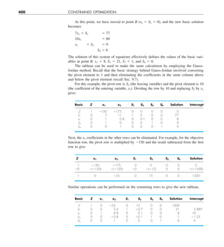 400 CONSTRAINED OPTIMIZATION
At this point, we have moved to point B (x2 5 S2 5 0), and the new basic solution
becomes
7x1 1 S1      5 77
10x1         5 80
x1    1 S3      5 9
S4 5 6
The solution of this system of equations effectively defines the values of the basic vari-
ables at point B: x1 5 8, S1 5 21, S3 5 1, and S4 5 6.
The tableau can be used to make the same calculation by employing the Gauss-
Jordan method. Recall that the basic strategy behind Gauss-Jordan involved converting
the pivot element to 1 and then eliminating the coefficients in the same column above
and below the pivot element (recall Sec. 9.7).
For this example, the pivot row is S2 (the leaving variable) and the pivot element is 10
(the coefficient of the entering variable, x1). Dividing the row by 10 and replacing S2 by x1
gives
Basic Z x1 x2 S1 S2 S3 S4 Solution Intercept
Z 1 2150 2175 0 0 0 0 0
S1 0 7 11 1 0 0 0 77
x1 0 1 0.8 0 0.1 0 0 8
S3 0 1 0 0 0 1 0 9
S4 0 0 1 0 0 0 1 6
Next, the x1 coefficients in the other rows can be eliminated. For example, for the objective
function row, the pivot row is multiplied by 2150 and the result subtracted from the first
row to give
Z x1 x2 S1 S2 S3 S4 Solution
1 2150 2175 0 0 0 0 0
20 2(2150) 2(2120) 20 2(215) 0 0 2(21200)
1 0 255 0 15 0 0 1200
Similar operations can be performed on the remaining rows to give the new tableau,
Basic Z x1 x2 S1 S2 S3 S4 Solution Intercept
Z 1 0 255 0 15 0 0 1200
S1 0 0 5.4 1 20.7 0 0 21 3.889
x1 0 1 0.8 0 0.1 0 0 8 10
S3 0 0 20.8 0 20.1 1 0 1 21.25
S4 0 0 1 0 0 0 1 6 6
 