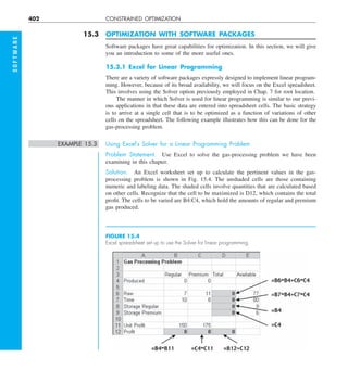 402 CONSTRAINED OPTIMIZATION
S
O
F
T
W
A
R
E
15.3 OPTIMIZATION WITH SOFTWARE PACKAGES
Software packages have great capabilities for optimization. In this section, we will give
you an introduction to some of the more useful ones.
15.3.1 Excel for Linear Programming
There are a variety of software packages expressly designed to implement linear program-
ming. However, because of its broad availability, we will focus on the Excel spreadsheet.
This involves using the Solver option previously employed in Chap. 7 for root location.
The manner in which Solver is used for linear programming is similar to our previ-
ous applications in that these data are entered into spreadsheet cells. The basic strategy
is to arrive at a single cell that is to be optimized as a function of variations of other
cells on the spreadsheet. The following example illustrates how this can be done for the
gas-processing problem.
EXAMPLE 15.3 Using Excel’s Solver for a Linear Programming Problem
Problem Statement. Use Excel to solve the gas-processing problem we have been
examining in this chapter.
Solution. An Excel worksheet set up to calculate the pertinent values in the gas-
processing problem is shown in Fig. 15.4. The unshaded cells are those containing
numeric and labeling data. The shaded cells involve quantities that are calculated based
on other cells. Recognize that the cell to be maximized is D12, which contains the total
profit. The cells to be varied are B4:C4, which hold the amounts of regular and premium
gas produced.
FIGURE 15.4
Excel spreadsheet set up to use the Solver for linear programming.
 