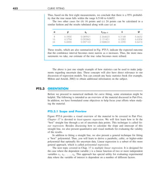 452 CURVE FITTING
Thus, based on the first eight measurements, we conclude that there is a 95% probabil-
ity that the true mean falls within the range 6.5148 to 6.6652.
The two other cases for (b) 16 points and (c) 24 points can be calculated in a
similar fashion and the results tabulated along with case (a) as
n y
w sy t␣y2,n21 L U
8 6.5900 0.089921 2.364623 6.5148 6.6652
16 6.5794 0.095845 2.131451 6.5283 6.6304
24 6.6000 0.097133 2.068655 6.5590 6.6410
These results, which are also summarized in Fig. PT5.5, indicate the expected outcome
that the confidence interval becomes more narrow as n increases. Thus, the more mea-
surements we take, our estimate of the true value becomes more refined.
The above is just one simple example of how statistics can be used to make judg-
ments regarding uncertain data. These concepts will also have direct relevance to our
discussion of regression models. You can consult any basic statistics book (for example,
Milton and Arnold, 2002) to obtain additional information on the subject.
PT5.3 ORIENTATION
Before we proceed to numerical methods for curve fitting, some orientation might be
helpful. The following is intended as an overview of the material discussed in Part Five.
In addition, we have formulated some objectives to help focus your efforts when study-
ing the material.
PT5.3.1 Scope and Preview
Figure PT5.6 provides a visual overview of the material to be covered in Part Five.
Chapter 17 is devoted to least-squares regression. We will first learn how to fit the
“best” straight line through a set of uncertain data points. This technique is called lin-
ear regression. Besides discussing how to calculate the slope and intercept of this
straight line, we also present quantitative and visual methods for evaluating the validity
of the results.
In addition to fitting a straight line, we also present a general technique for fitting
a “best’’ polynomial. Thus, you will learn to derive a parabolic, cubic, or higher-order
polynomial that optimally fits uncertain data. Linear regression is a subset of this more
general approach, which is called polynomial regression.
The next topic covered in Chap. 17 is multiple linear regression. It is designed for
the case where the dependent variable y is a linear function of two or more independent
variables x1, x2, . . . , xm. This approach has special utility for evaluating experimental
data where the variable of interest is dependent on a number of different factors.
 