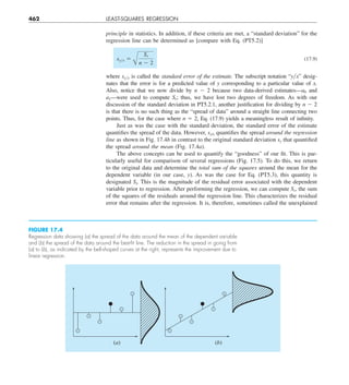 462 LEAST-SQUARES REGRESSION
principle in statistics. In addition, if these criteria are met, a “standard deviation” for the
regression line can be determined as [compare with Eq. (PT5.2)]
syyx 5
A
Sr
n 2 2
(17.9)
where syyx is called the standard error of the estimate. The subscript notation “yyx” desig-
nates that the error is for a predicted value of y corresponding to a particular value of x.
Also, notice that we now divide by n 2 2 because two data-derived estimates—a0 and
a1—were used to compute Sr; thus, we have lost two degrees of freedom. As with our
discussion of the standard deviation in PT5.2.1, another justification for dividing by n 2 2
is that there is no such thing as the “spread of data” around a straight line connecting two
points. Thus, for the case where n 5 2, Eq. (17.9) yields a meaningless result of infinity.
Just as was the case with the standard deviation, the standard error of the estimate
quantifies the spread of the data. However, sy/x quantifies the spread around the regression
line as shown in Fig. 17.4b in contrast to the original standard deviation sy that quantified
the spread around the mean (Fig. 17.4a).
The above concepts can be used to quantify the “goodness” of our fit. This is par-
ticularly useful for comparison of several regressions (Fig. 17.5). To do this, we return
to the original data and determine the total sum of the squares around the mean for the
dependent variable (in our case, y). As was the case for Eq. (PT5.3), this quantity is
designated St. This is the magnitude of the residual error associated with the dependent
variable prior to regression. After performing the regression, we can compute Sr, the sum
of the squares of the residuals around the regression line. This characterizes the residual
error that remains after the regression. It is, therefore, sometimes called the unexplained
FIGURE 17.4
Regression data showing (a) the spread of the data around the mean of the dependent variable
and (b) the spread of the data around the best-ﬁt line. The reduction in the spread in going from
(a) to (b), as indicated by the bell-shaped curves at the right, represents the improvement due to
linear regression.
(a) (b)
 