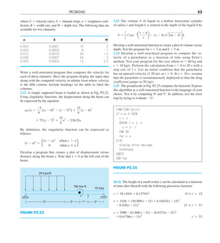 PROBLEMS 53
2.23 The volume V of liquid in a hollow horizontal cylinder
of radius r and length L is related to the depth of the liquid h by
V 5 c r 
2
cos 21
a
r 2 h
r
b 2 (r 2 h) 22rh 2 h2
d L
Develop a well-structured function to create a plot of volume versus
depth. Test the program for r 5 2 m and L 5 5 m.
2.24 Develop a well-structured program to compute the ve-
locity of a parachutist as a function of time using Euler’s
method. Test your program for the case where m 5 80 kg and
c 5 10 kg/s. Perform the calculation from t 5 0 to 20 s with a
step size of 2 s. Use an initial condition that the parachutist
has an upward velocity of 20 m/s at t 5 0. At t 5 10 s, assume
that the parachute is instantaneously deployed so that the drag
coefficient jumps to 50 kg/s.
2.25 The pseudocode in Fig. P2.25 computes the factorial. Express
this algorithm as a well-structured function in the language of your
choice. Test it by computing 0! and 5!. In addition, test the error
trap by trying to evaluate 22!.
FUNCTION fac(n)
IF n $ 0 THEN
x 5 1
DOFOR i 5 1, n
x 5 x ? i
END DO
fac 5 x
ELSE
display error message
terminate
ENDIF
END fac
FIGURE P2.25
20.26 The height of a small rocket y can be calculated as a function
of time after blastoff with the following piecewise function:
y 5 38.1454t 1 0.13743t3
0 # t , 15
y 5 1036 1 130.909(t 2 15) 1 6.18425(t 2 15)2
2 0.428(t 2 15)3
15 # t , 33
y 5 2900262.468(t 233)216.9274(t 233)2
1 0.41796(t 233)3
t . 33
where U 5 velocity (m/s), S 5 channel slope, n 5 roughness coef-
ficient, B 5 width (m), and H 5 depth (m). The following data are
available for five channels:
n S B H
0.035 0.0001 10 2
0.020 0.0002 8 1
0.015 0.0010 20 1.5
0.030 0.0007 24 3
0.022 0.0003 15 2.5
Write a well-structured program that computes the velocity for
each of these channels. Have the program display the input data
along with the computed velocity in tabular form where velocity
is the fifth column. Include headings on the table to label the
columns.
2.22 A simply supported beam is loaded as shown in Fig. P2.22.
Using singularity functions, the displacement along the beam can
be expressed by the equation:
uy(x) 5
25
6
[kx 2 0l4
2 kx 2 5l4
] 1
15
6
kx 2 8l3
1 75kx 2 7l2
1
57
6
x3
2 238.25x
By definition, the singularity function can be expressed as
follows:
kx 2 aln
5 e
(x 2 a)n
when x . a
0 when x # a
f
Develop a program that creates a plot of displacement versus
distance along the beam x. Note that x 5 0 at the left end of the
beam.
20 kips/ft
150 kip-ft
15 kips
5’ 2’ 1’ 2’
FIGURE P2.22
 