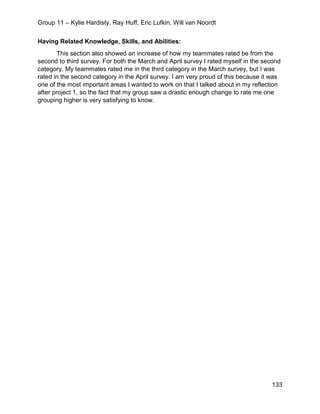 Group 11 – Kylie Hardisty, Ray Huff, Eric Lufkin, Will van Noordt
133
Having Related Knowledge, Skills, and Abilities:
This section also showed an increase of how my teammates rated be from the
second to third survey. For both the March and April survey I rated myself in the second
category. My teammates rated me in the third category in the March survey, but I was
rated in the second category in the April survey. I am very proud of this because it was
one of the most important areas I wanted to work on that I talked about in my reflection
after project 1, so the fact that my group saw a drastic enough change to rate me one
grouping higher is very satisfying to know.
 