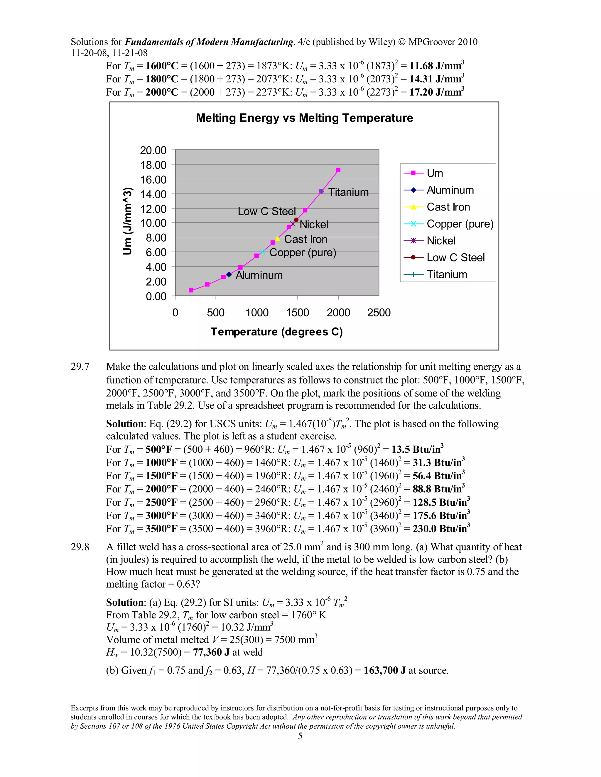 Solutions for Fundamentals of Modern Manufacturing, 4/e (published by Wiley)  MPGroover 2010
11-20-08, 11-21-08
Excerpts from this work may be reproduced by instructors for distribution on a not-for-profit basis for testing or instructional purposes only to
students enrolled in courses for which the textbook has been adopted. Any other reproduction or translation of this work beyond that permitted
by Sections 107 or 108 of the 1976 United States Copyright Act without the permission of the copyright owner is unlawful.
5
For Tm = 1600°C = (1600 + 273) = 1873°K: Um = 3.33 x 10-6
(1873)2
= 11.68 J/mm3
For Tm = 1800°C = (1800 + 273) = 2073°K: Um = 3.33 x 10-6
(2073)2
= 14.31 J/mm3
For Tm = 2000°C = (2000 + 273) = 2273°K: Um = 3.33 x 10-6
(2273)2
= 17.20 J/mm3
Melting Energy vs Melting Temperature
Aluminum
Cast Iron
Copper (pure)
Nickel
Titanium
Low C Steel
0.00
2.00
4.00
6.00
8.00
10.00
12.00
14.00
16.00
18.00
20.00
0 500 1000 1500 2000 2500
Temperature (degrees C)
Um(J/mm^3)
Um
Aluminum
Cast Iron
Copper (pure)
Nickel
Low C Steel
Titanium
29.7 Make the calculations and plot on linearly scaled axes the relationship for unit melting energy as a
function of temperature. Use temperatures as follows to construct the plot: 500°F, 1000°F, 1500°F,
2000°F, 2500°F, 3000°F, and 3500°F. On the plot, mark the positions of some of the welding
metals in Table 29.2. Use of a spreadsheet program is recommended for the calculations.
Solution: Eq. (29.2) for USCS units: Um = 1.467(10-5
)Tm
2
. The plot is based on the following
calculated values. The plot is left as a student exercise.
For Tm = 500°F = (500 + 460) = 960°R: Um = 1.467 x 10-5
(960)2
= 13.5 Btu/in3
For Tm = 1000°F = (1000 + 460) = 1460°R: Um = 1.467 x 10-5
(1460)2
= 31.3 Btu/in3
For Tm = 1500°F = (1500 + 460) = 1960°R: Um = 1.467 x 10-5
(1960)2
= 56.4 Btu/in3
For Tm = 2000°F = (2000 + 460) = 2460°R: Um = 1.467 x 10-5
(2460)2
= 88.8 Btu/in3
For Tm = 2500°F = (2500 + 460) = 2960°R: Um = 1.467 x 10-5
(2960)2
= 128.5 Btu/in3
For Tm = 3000°F = (3000 + 460) = 3460°R: Um = 1.467 x 10-5
(3460)2
= 175.6 Btu/in3
For Tm = 3500°F = (3500 + 460) = 3960°R: Um = 1.467 x 10-5
(3960)2
= 230.0 Btu/in3
29.8 A fillet weld has a cross-sectional area of 25.0 mm2
and is 300 mm long. (a) What quantity of heat
(in joules) is required to accomplish the weld, if the metal to be welded is low carbon steel? (b)
How much heat must be generated at the welding source, if the heat transfer factor is 0.75 and the
melting factor = 0.63?
Solution: (a) Eq. (29.2) for SI units: Um = 3.33 x 10-6
Tm
2
From Table 29.2, Tm for low carbon steel = 1760° K
Um = 3.33 x 10-6
(1760)2
= 10.32 J/mm3
Volume of metal melted V = 25(300) = 7500 mm3
Hw = 10.32(7500) = 77,360 J at weld
(b) Given f1 = 0.75 and f2 = 0.63, H = 77,360/(0.75 x 0.63) = 163,700 J at source.
 