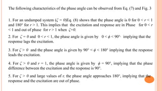 The following characteristics of the phase angle can be observed from Eq. (7) and Fig. 3
1. For an undamped system (ζ = 0)Eq. (8) shows that the phase angle is 0 for 0 < r < 1
and 180° for r > 1. This implies that the excitation and response are in Phase for 0 < r
< 1 and out of phase for r > 1 when ζ=0.
3. For ζ > 0 and the phase angle is given by 90° < ϕ < 180° implying that the response
leads the excitation.
2. For ζ = 0 and 0 < r < 1, the phase angle is given by 0 < ϕ < 90°, implying that the
response lags the excitation.
4. For ζ > 0 and r = 1, the phase angle is given by ϕ = 90°, implying that the phase
difference between the excitation and the response is 90°.
5. For ζ > 0 and large values of r, the phase angle approaches 180°, implying that the
response and the excitation are out of phase.
 