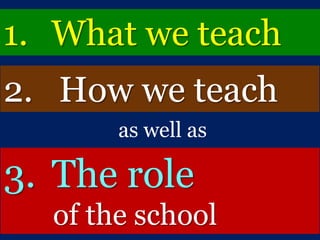 1. What we teach
as well as
3. The role
of the school
2. How we teach
 