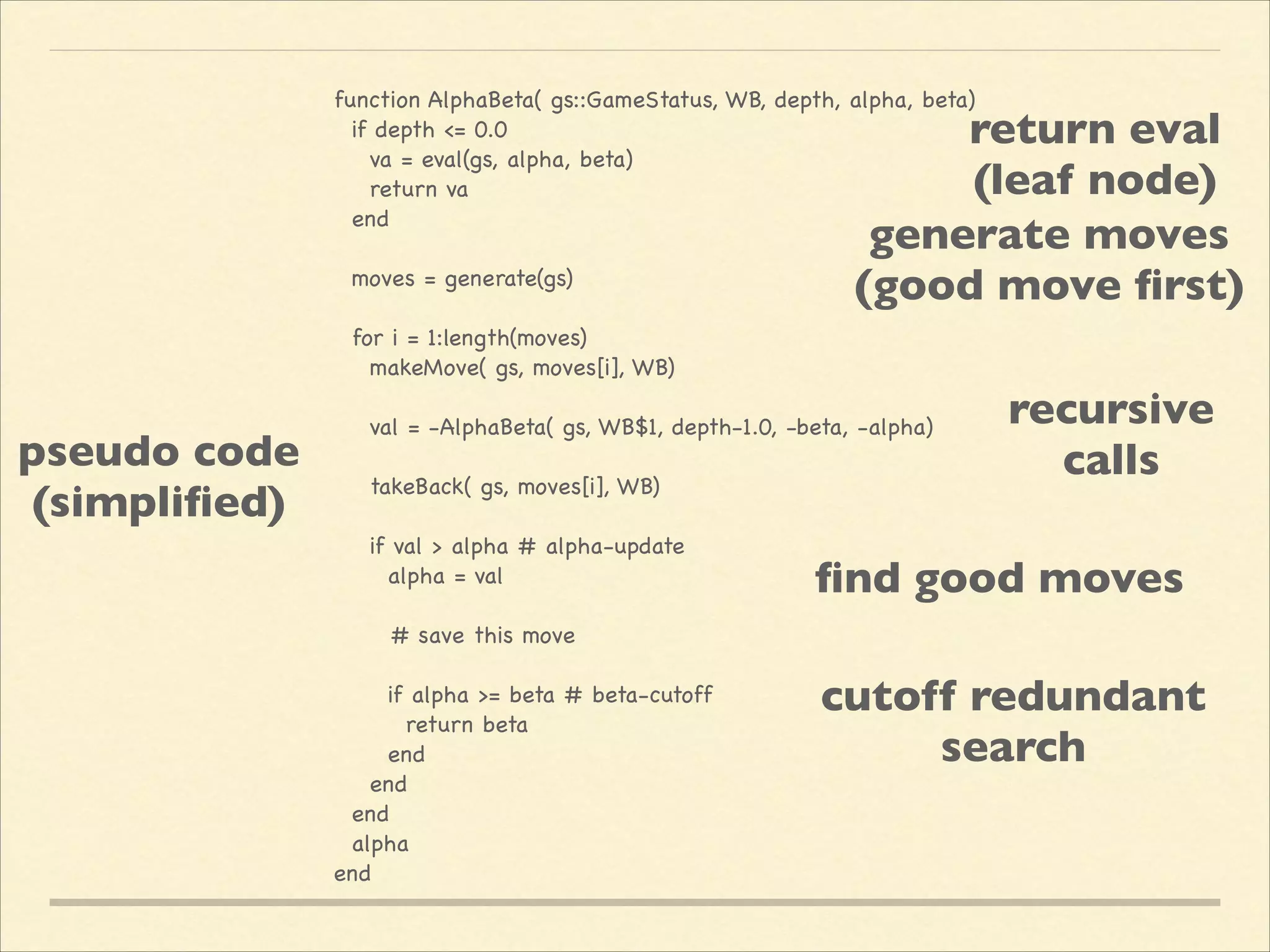 function AlphaBeta( gs::GameStatus, WB, depth, alpha, beta)

if depth <= 0.0 

va = eval(gs, alpha, beta)

return va

end



moves = generate(gs)



for i = 1:length(moves)

makeMove( gs, moves[i], WB)



val = -AlphaBeta( gs, WB$1, depth-1.0, -beta, -alpha)



takeBack( gs, moves[i], WB)



if val > alpha # alpha-update

alpha = val



# save this move



if alpha >= beta # beta-cutoff

return beta

end

end

end

alpha

end


return eval	

(leaf node)
generate moves 
(good move ﬁrst)

pseudo code	

(simpliﬁed)

recursive 
calls

ﬁnd good moves
cutoff redundant 
search

 