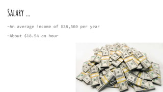 Salary …
-An average income of $38,560 per year
-About $18.54 an hour
 