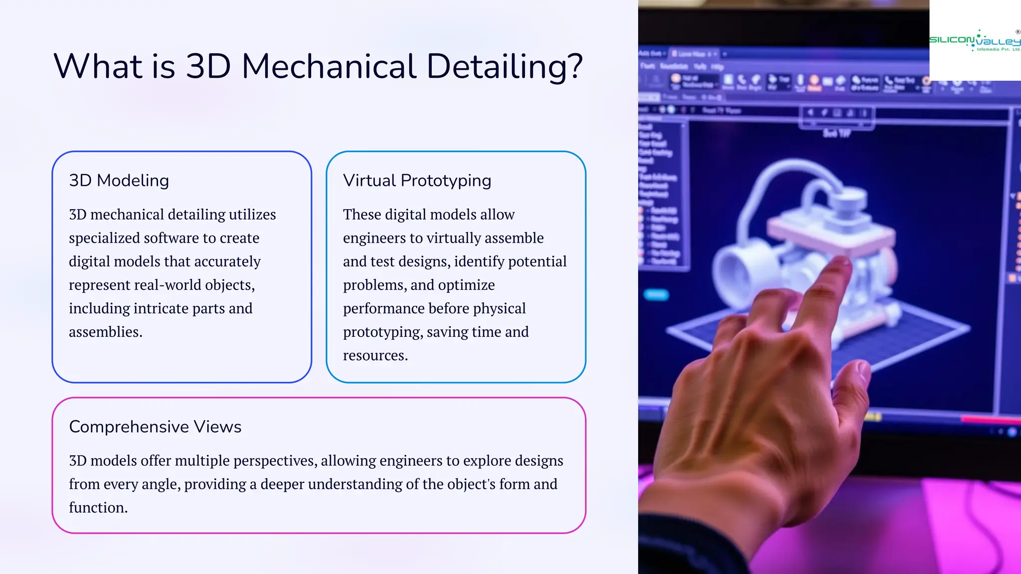 What is 3D Mechanical Detailing?
3D Modeling
3D mechanical detailing utilizes
specialized software to create
digital models that accurately
represent real-world objects,
including intricate parts and
assemblies.
Virtual Prototyping
These digital models allow
engineers to virtually assemble
and test designs, identify potential
problems, and optimize
performance before physical
prototyping, saving time and
resources.
Comprehensive Views
3D models offer multiple perspectives, allowing engineers to explore designs
from every angle, providing a deeper understanding of the object's form and
function.
 