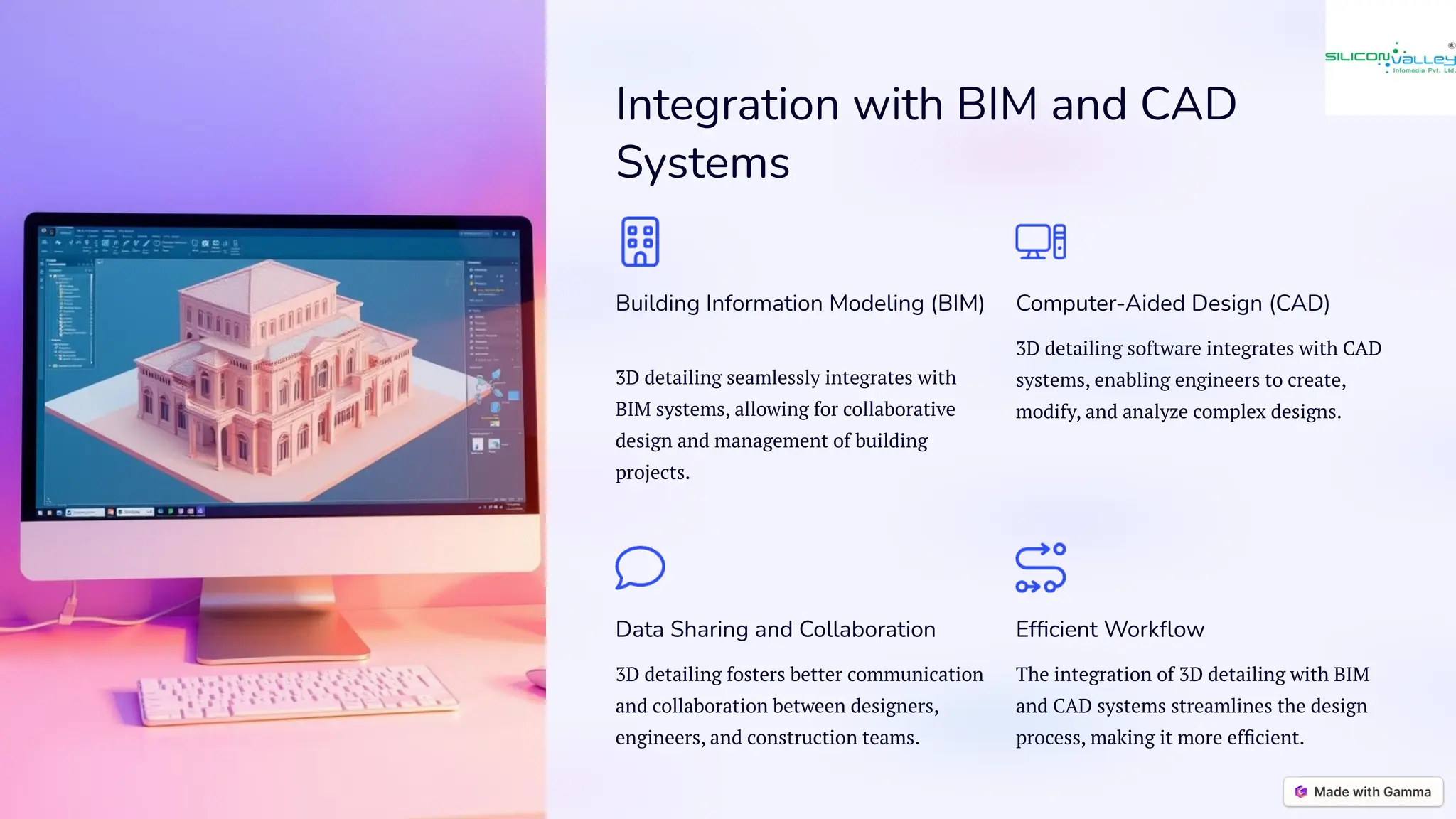 Integration with BIM and CAD
Systems
Building Information Modeling (BIM)
3D detailing seamlessly integrates with
BIM systems, allowing for collaborative
design and management of building
projects.
Computer-Aided Design (CAD)
3D detailing software integrates with CAD
systems, enabling engineers to create,
modify, and analyze complex designs.
Data Sharing and Collaboration
3D detailing fosters better communication
and collaboration between designers,
engineers, and construction teams.
Efficient Workflow
The integration of 3D detailing with BIM
and CAD systems streamlines the design
process, making it more efficient.
 