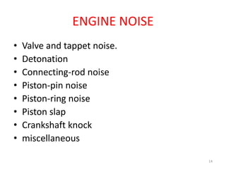 ENGINE NOISEValve and tappet noise.DetonationConnecting-rod noisePiston-pin noisePiston-ring noisePiston slapCrankshaft knockmiscellaneous 14