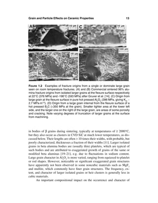 Grain and Particle Effects on Ceramic Properties                                 13




FIGURE 1.2 Examples of fracture origins from a single or dominate large grain
seen on room temperature fractures. (A) and (B) Commercial sintered 96% alu-
mina fracture origins from isolated larger grains at the ﬂexure surface respectively
at 22°C (376 MPa) and -196°C (593 MPa) after Gruver et al. [14]. (C) Origin from
large grain at the ﬂexure surface in pure hot pressed Al2O3 (396 MPa, giving KIC ∼
2.7 MPa·m1/2). (D) Origin from a large grain internal from the ﬂexure surface of a
hot pressed B4C (<350 MPa at the grain). Smaller lighter area at the lower left
side, and the larger one on the right of the large grain, are areas of some porosity
and cracking. Note varying degrees of truncation of larger grains at the surface
from machining.




in bodies of β grains during sintering, typically at temperatures of ≥ 2000°C,
but they also occur as clusters in CVD SiC at much lower temperatures, as dis-
cussed below. Their lengths are often > 10 times their widths, with probable, but
poorly characterized, thicknesses a fraction of their widths [11]. Larger isolated
grains in beta alumina bodies are (usually thin) platelets, which are typical of
such bodies and are attributed to exaggerated growth of grains of the same or
modiﬁed beta aluminas [19–21], e.g. due to ﬂuctuations in sodium content.
Large grain character in Al2O3 is more varied, ranging from equiaxed to platelet
or rod shapes. However, noticeable or signiﬁcant exaggerated grain structures
have apparently not been observed in some noncubic materials such as MgF2
and mullite, which commonly have ﬁner grain structures. The frequency, ex-
tent, and character of larger isolated grains or heir clusters is generally less in
cubic materials.
       An important compositional impact on the occurrence and character of
 
