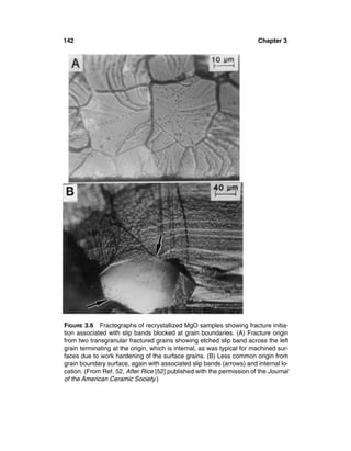 142                                                                     Chapter 3




FIGURE 3.6 Fractographs of recrystallized MgO samples showing fracture initia-
tion associated with slip bands blocked at grain boundaries. (A) Fracture origin
from two transgranular fractured grains showing etched slip band across the left
grain terminating at the origin, which is internal, as was typical for machined sur-
faces due to work hardening of the surface grains. (B) Less common origin from
grain boundary surface, again with associated slip bands (arrows) and internal lo-
cation. (From Ref. 52, After Rice [52] published with the permission of the Journal
of the American Ceramic Society.)
 