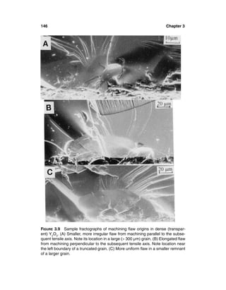 146                                                                     Chapter 3




FIGURE 3.9 Sample fractographs of machining ﬂaw origins in dense (transpar-
ent) Y2O3. (A) Smaller, more irregular ﬂaw from machining parallel to the subse-
quent tensile axis. Note its location in a large (> 300 µm) grain. (B) Elongated ﬂaw
from machining perpendicular to the subsequent tensile axis. Note location near
the left boundary of a truncated grain. (C) More uniform ﬂaw in a smaller remnant
of a larger grain.
 
