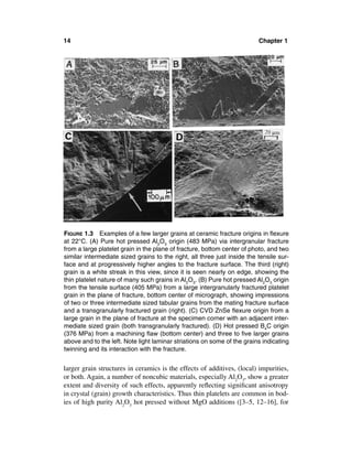 14                                                                        Chapter 1




FIGURE 1.3 Examples of a few larger grains at ceramic fracture origins in ﬂexure
at 22°C. (A) Pure hot pressed Al2O3 origin (483 MPa) via intergranular fracture
from a large platelet grain in the plane of fracture, bottom center of photo, and two
similar intermediate sized grains to the right, all three just inside the tensile sur-
face and at progressively higher angles to the fracture surface. The third (right)
grain is a white streak in this view, since it is seen nearly on edge, showing the
thin platelet nature of many such grains in Al2O3. (B) Pure hot pressed Al2O3 origin
from the tensile surface (405 MPa) from a large intergranularly fractured platelet
grain in the plane of fracture, bottom center of micrograph, showing impressions
of two or three intermediate sized tabular grains from the mating fracture surface
and a transgranularly fractured grain (right). (C) CVD ZnSe ﬂexure origin from a
large grain in the plane of fracture at the specimen corner with an adjacent inter-
mediate sized grain (both transgranularly fractured). (D) Hot pressed B4C origin
(376 MPa) from a machining ﬂaw (bottom center) and three to ﬁve larger grains
above and to the left. Note light laminar striations on some of the grains indicating
twinning and its interaction with the fracture.


larger grain structures in ceramics is the effects of additives, (local) impurities,
or both. Again, a number of noncubic materials, especially Al2O3, show a greater
extent and diversity of such effects, apparently reﬂecting signiﬁcant anisotropy
in crystal (grain) growth characteristics. Thus thin platelets are common in bod-
ies of high purity Al2O3 hot pressed without MgO additions ([3–5, 12–16], for
 