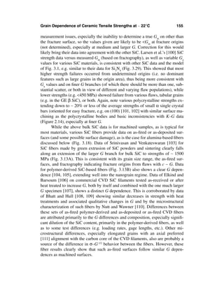 Grain Dependence of Ceramic Tensile Strengths at ∼ 22°C                        155

measurement issues, especially the inability to determine a true Gm on other than
the fracture surface, so the values given are likely to be <Gm at fracture origins
(not determined), especially at medium and larger G. Correction for this would
likely bring their data into agreement with the other SiC. Larsen et al.’s [100] SiC
strength data versus measured Gm (based on fractography), as well as variable Ga
values for various SiC materials, is consistent with other SiC data and the model
of Fig. 3.1, e.g. similar to their data for Si3N4 (Fig. 3.29). This showed that most
higher strength failures occurred from undetermined origins (i.e. no dominant
features such as large grains in the origin area), thus being more consistent with
Ga values and on ﬁner G branches (of which there should be more than one, sub-
stantial scatter, or both in view of different and varying ﬂaw populations), while
lower strengths (e.g. <450 MPa) showed failure from various ﬂaws, tabular grains
(e.g. in the GE β SiC), or both. Again, note various polycrystalline strengths ex-
tending down to ∼ 20% or less of the average strengths of small α single crystal
bars (oriented for easy fracture, e.g. on (100) [101, 102] with similar surface ma-
chining as the polycrystalline bodies and basic inconsistencies with K–G data
(Figure 2.14), especially at ﬁner G.
       While the above bulk SiC data is for machined samples, as is typical for
most materials, various SiC ﬁbers provide data on as-ﬁred or as-deposited sur-
faces (and some possible surface damage), as is the case for alumina-based ﬁbers
discussed below (Fig. 3.18). Data of Srinivasan and Venkateswaran [103] for
SiC ﬁbers made by green extrusion of SiC powders and sintering clearly falls
along an extension of the larger G branch for bulk SiC to strengths of ∼ 1500
MPa (Fig. 3.13A). This is consistent with its grain size range, the as-ﬁred sur-
faces, and fractography indicating fracture origins from ﬂaws with c ∼ G. Data
for polymer-derived SiC-based ﬁbers (Fig. 3.13B) also shows a clear G depen-
dence [104, 105], extending well into the nanograin regime. Data of Elkind and
Barsoum [106] on commercial CVD SiC ﬁlaments tested as-received or after
heat treated to increase G, both by itself and combined with the one much larger
G specimen [107], shows a distinct G dependence. This is corroborated by data
of Bhatt and Hull [108, 109] showing similar decreases in strength with heat
treatments and associated qualitative changes in G and by the microstructural
characterization of such ﬁbers by Nutt and Wawner [110]. Differences between
these sets of as-ﬁred polymer-derived and as-deposited or as-ﬁred CVD ﬁbers
are attributed primarily to the G differences and composition, especially signiﬁ-
cant dilution of the SiC content, primarily in the polymer-derived ﬁbers, as well
as to some test differences (e.g. loading rates, gage lengths, etc.). Other mi-
crostructural differences, especially elongated grains with an axial preferred
[111] alignment with the carbon core of the CVD ﬁlaments, also are probably a
source of the difference in σ–G-1/2 behavior between the ﬁbers. However, these
ﬁber results clearly show that such as-ﬁred surfaces follow similar G depen-
dences as machined surfaces.
 